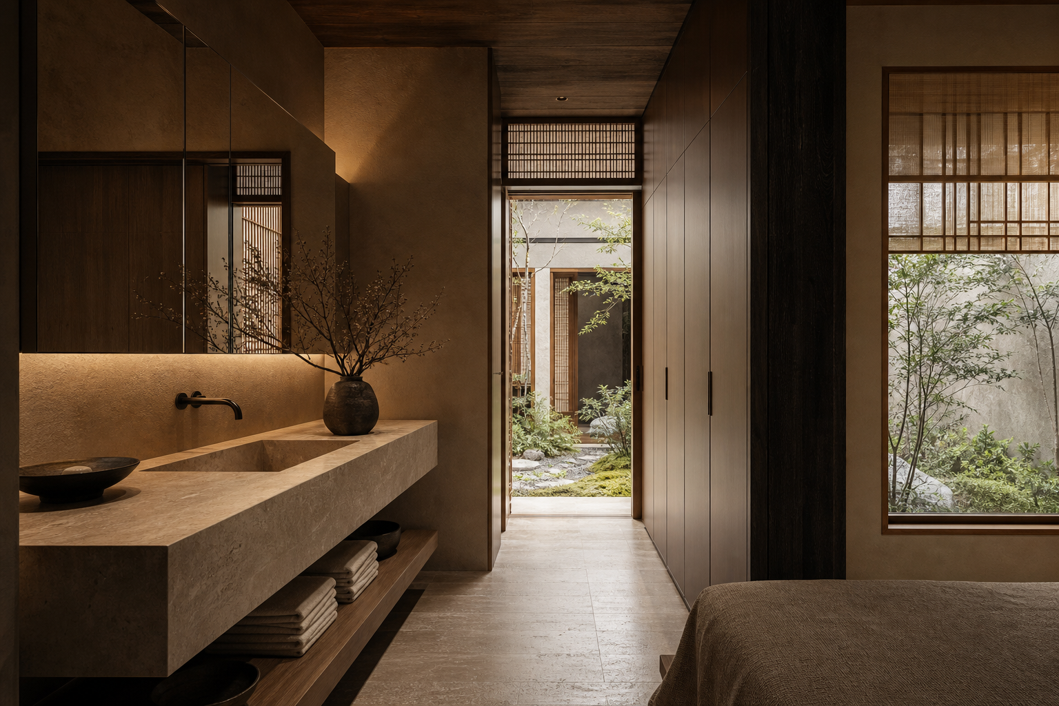 Fadior Shanghai Garden Courtyard Villa — Shanghai vanity and wardrobe threshold with stone counter, mirror, cabinet wall,