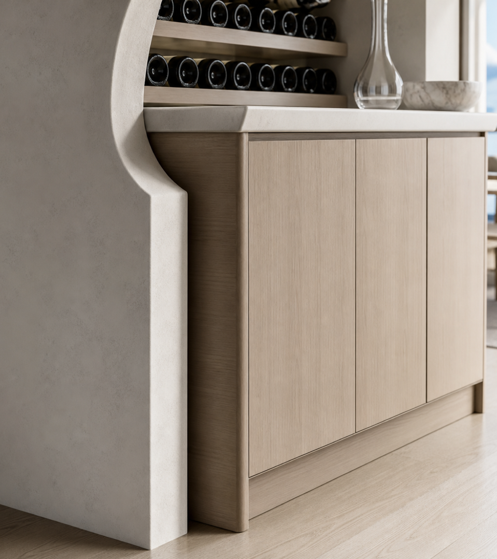 Fadior Grotto Wine Cabinet Suite with Bottle Rinse Arcade — close-up of stainless steel finish and hardware detail