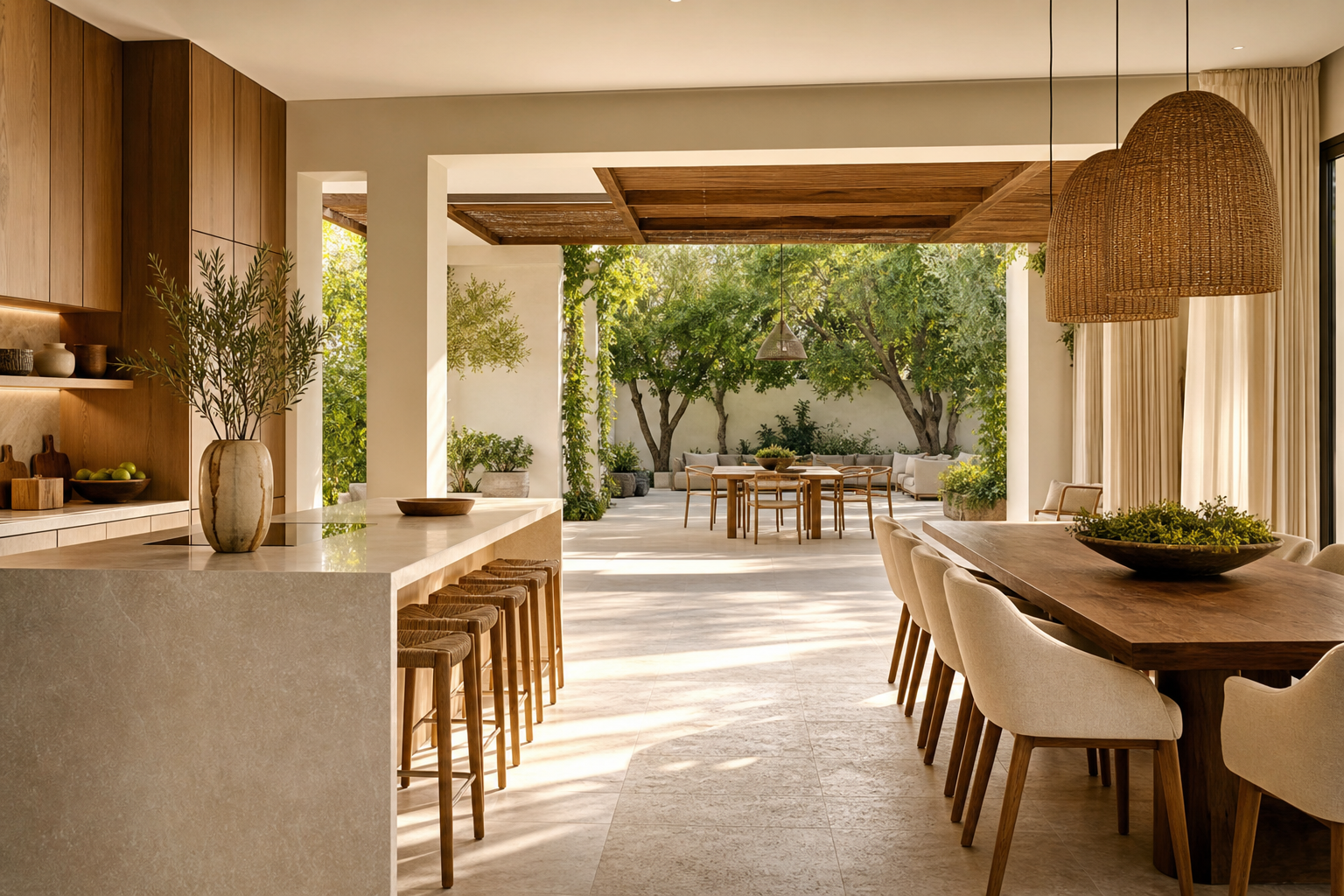 Villa kitchen connected to a shaded courtyard dining terrace for relaxed family hosting.