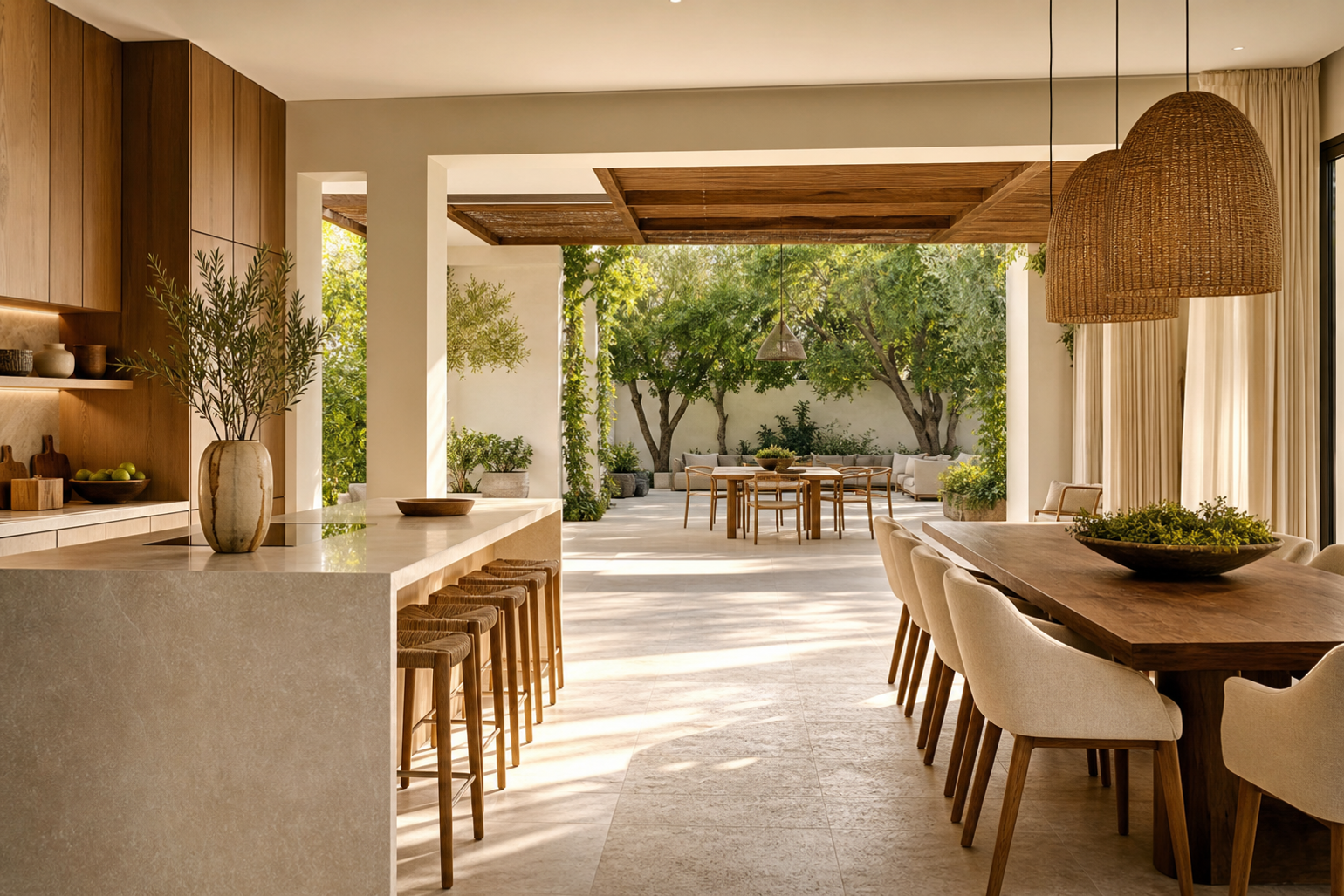 Villa kitchen connected to a shaded courtyard dining terrace for relaxed family hosting.