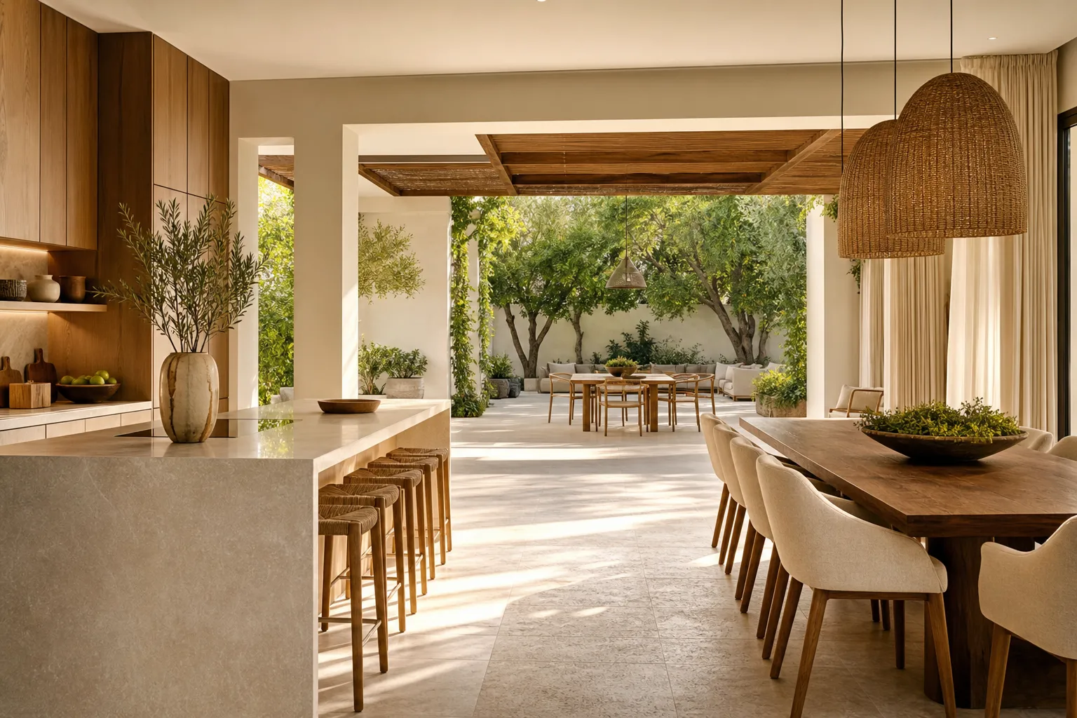 Villa kitchen connected to a shaded courtyard dining terrace for relaxed family hosting.