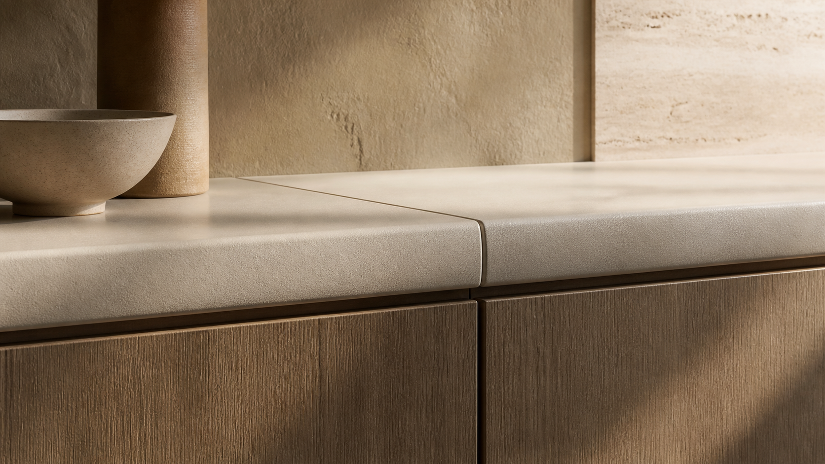 Fadior Silkstone Kitchen with Seamless Solid-Surface Spine — close-up of stainless steel finish and hardware detail