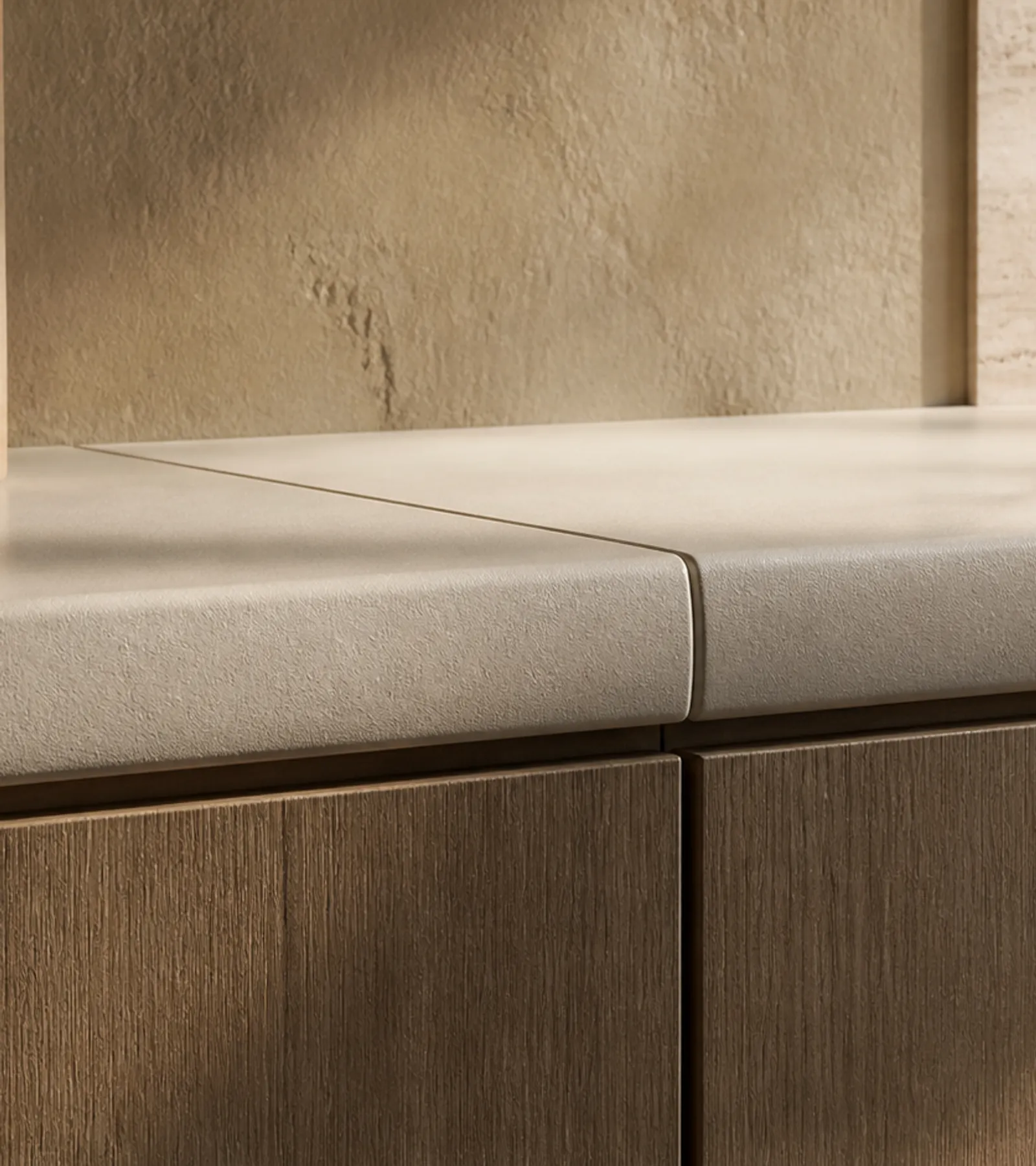 Fadior Silkstone Kitchen with Seamless Solid-Surface Spine — close-up of stainless steel finish and hardware detail