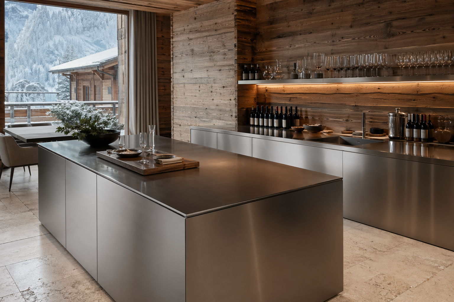 Fadior Swiss Alpine Lodge — kitchen atmosphere with 304 stainless steel design language