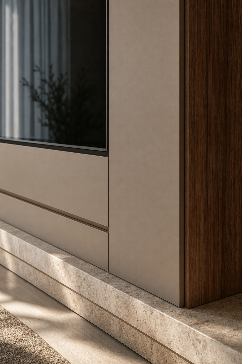 Fadior Zenith Living Room Suite with Floating Media Wall — close-up of stainless steel finish and hardware detail