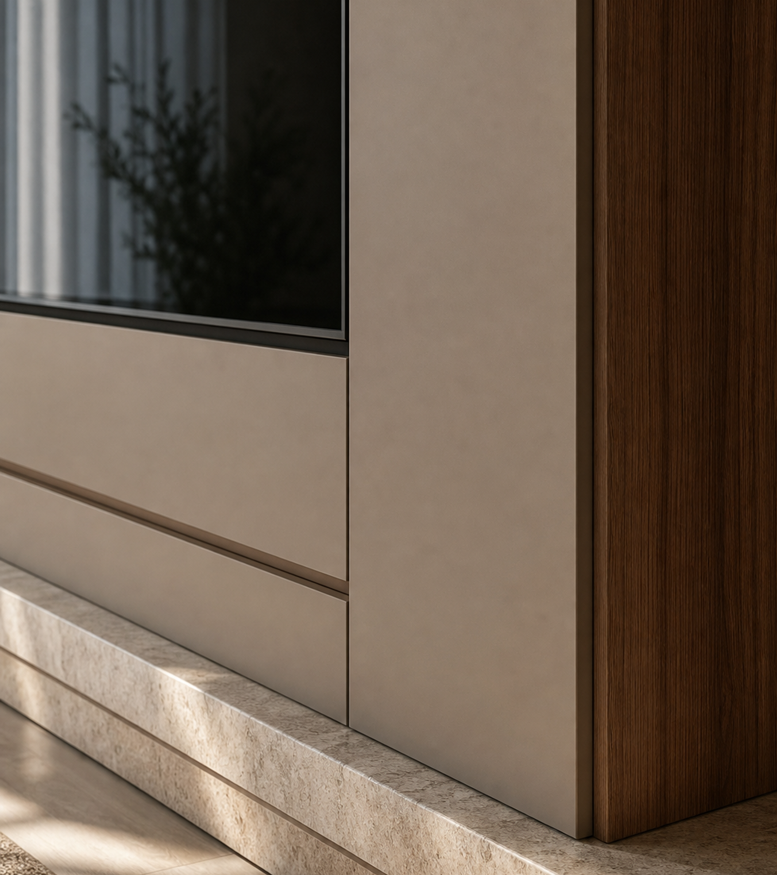 Fadior Zenith Living Room Suite with Floating Media Wall — close-up of stainless steel finish and hardware detail