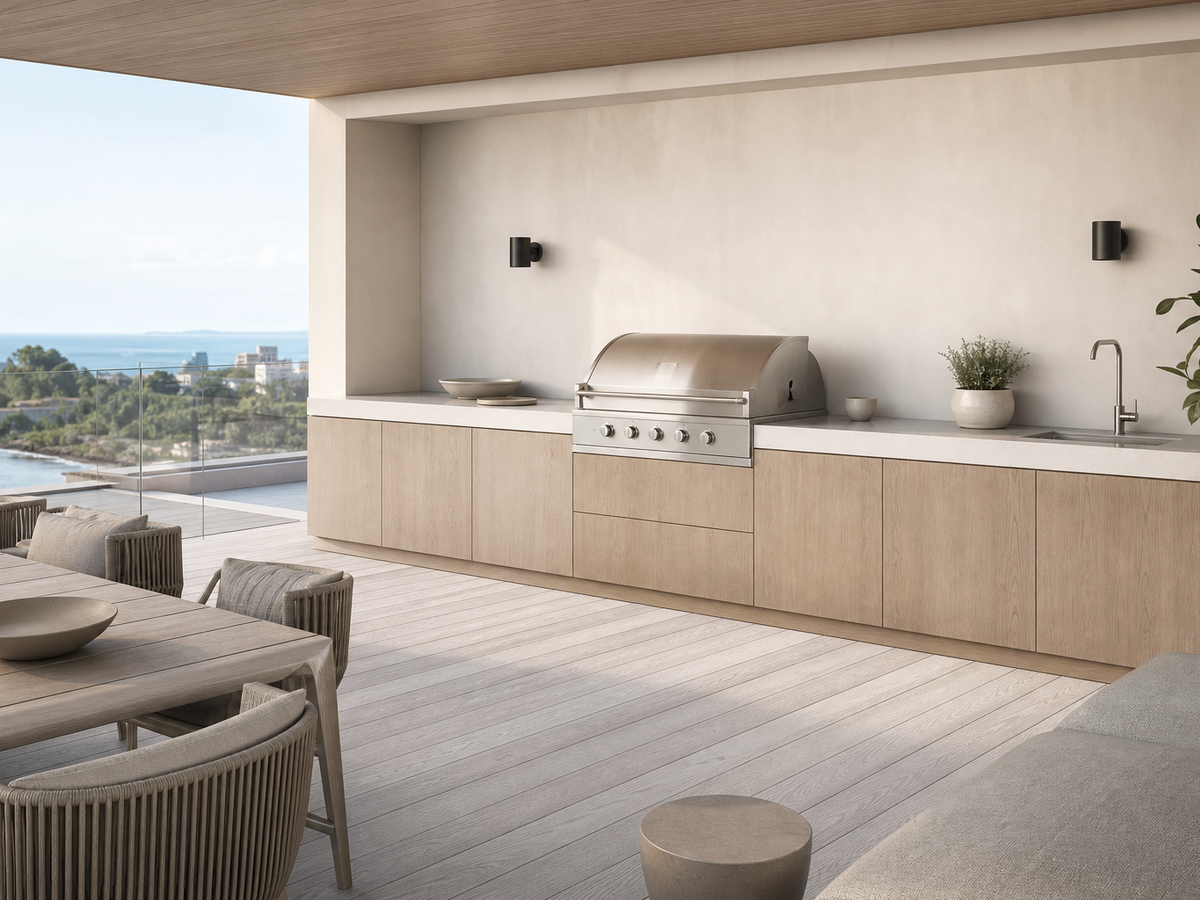 Fadior Horizon Outdoor Kitchen Suite with Whitewashed Grill Terrace — 304 stainless steel outdoor kitchen system, front view