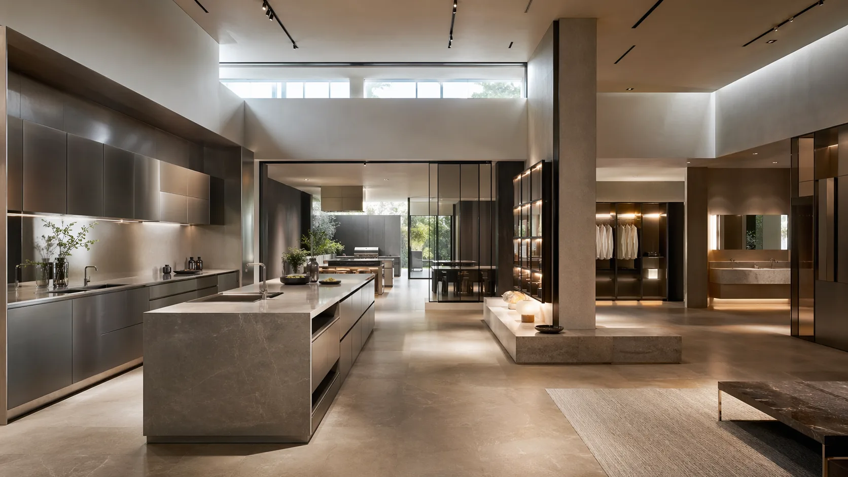 Foshan headquarters experience center — Fadior showroom with 304 stainless steel kitchen, wardrobe, and bath programs