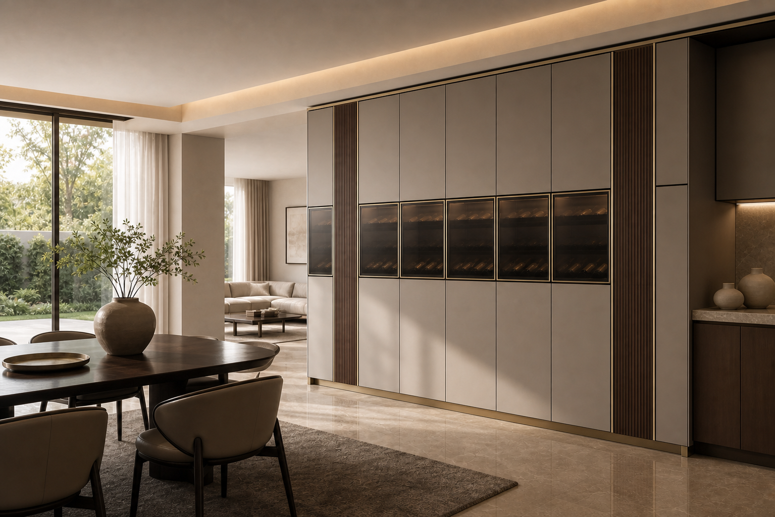 Fadior Estuary Wine Cabinet Suite with Precision Cellar Wall — lifestyle setting with natural light and residential styling