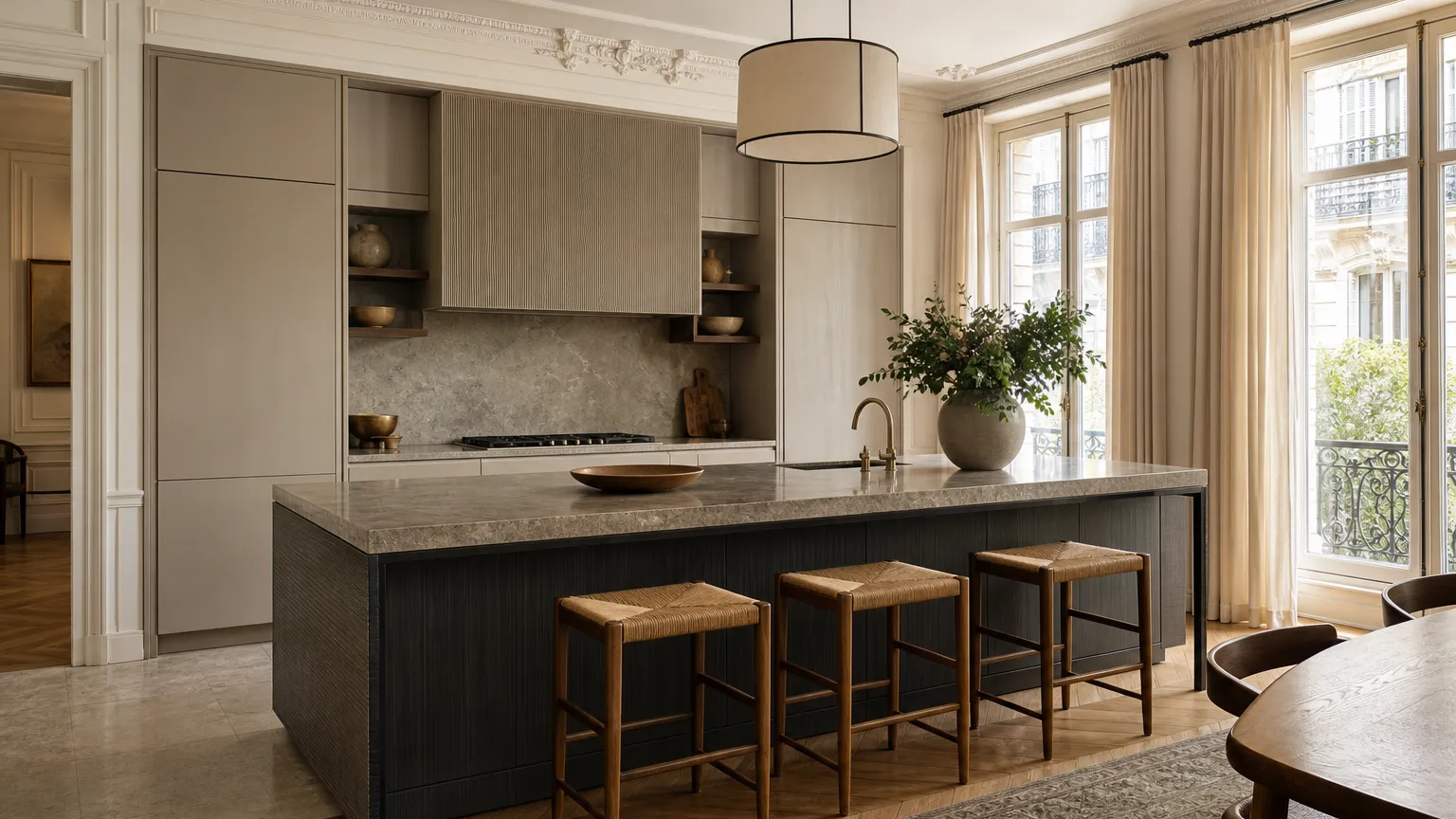 Warm Paris apartment kitchen showing high quality cabinet proportions and calm storage planning