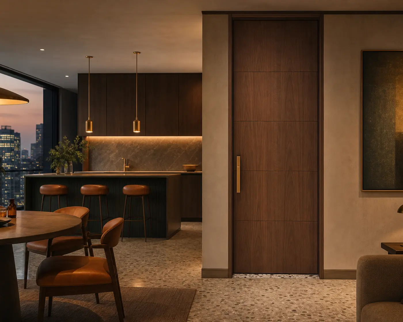 Full-height stainless steel interior door with concealed frame and matching wall panels by Fadior