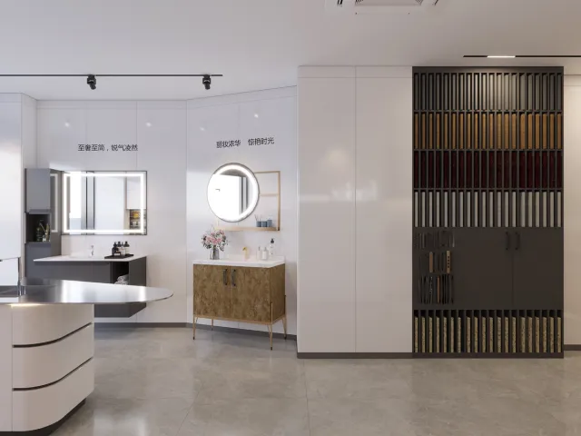 Escena de tocador y vestidor en showroom de Hong Kong para lujo compacto