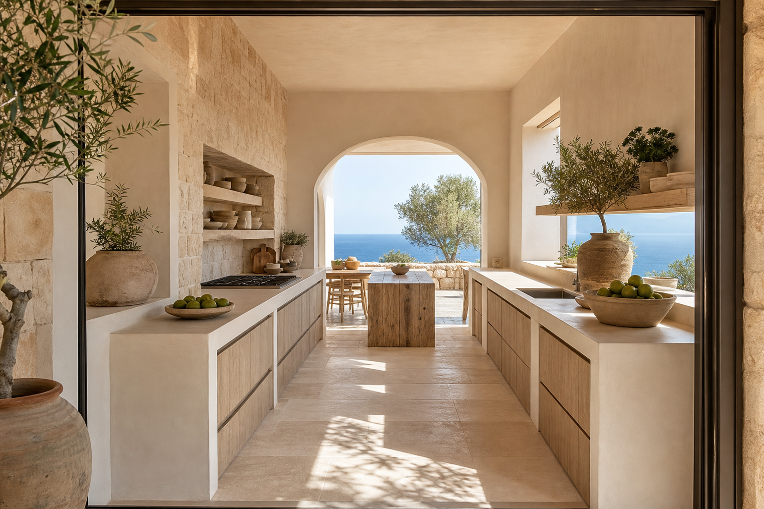 Two-run galley kitchen showing clear aisle planning and balanced storage walls.