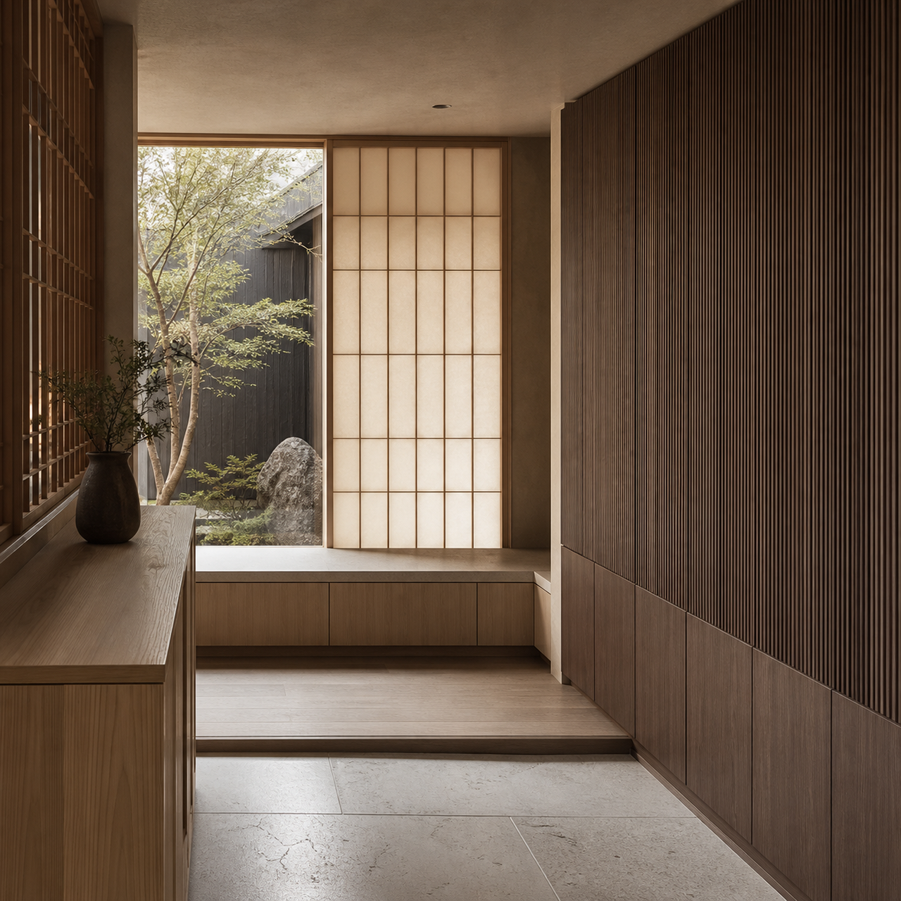 Fadior Loggia Entryway Suite with Ribbed Walnut Foyer Archive — interior room context showing cabinet integration