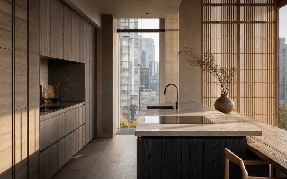 Fadior Vancouver 220 sqm Kitchen Penthouse - island, cabinet wall, city window, wood screen — 304 stainless steel cabinetry installation by Fadior