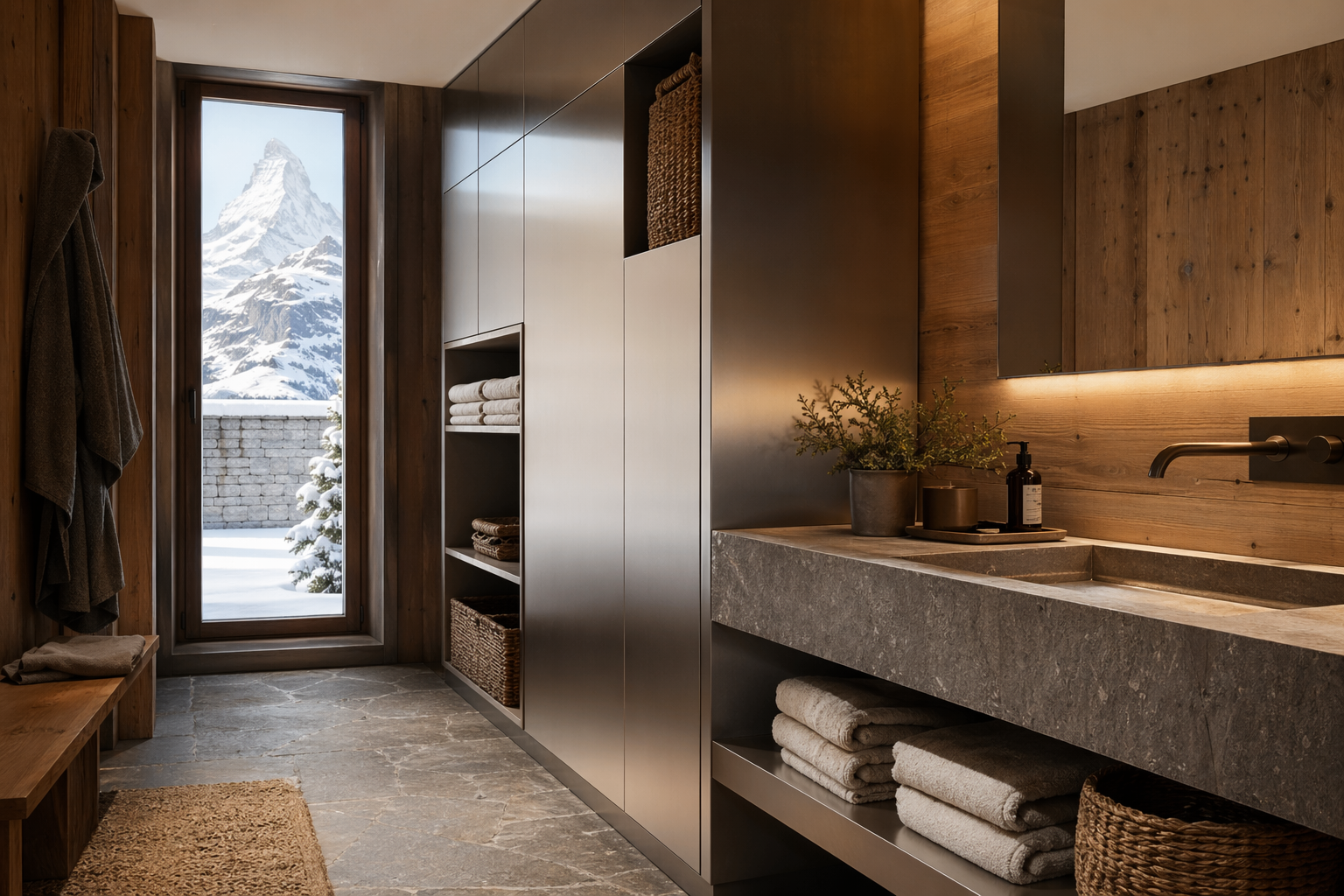 Fadior Swiss Alpine Lodge — secondary space with stainless steel storage system