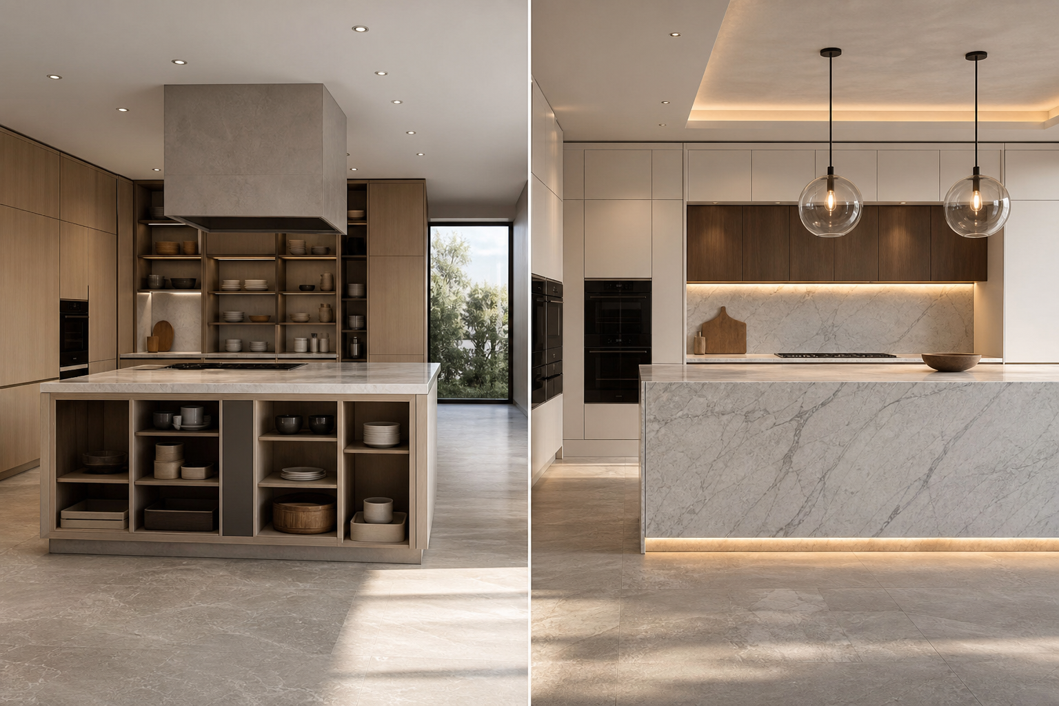 Kitchen renovation comparison scene showing storage flow and finish planning in a calm residential interior.