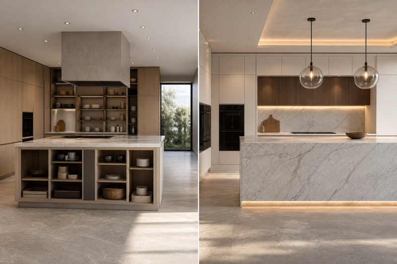 Kitchen renovation comparison scene showing storage flow and finish planning in a calm residential interior.