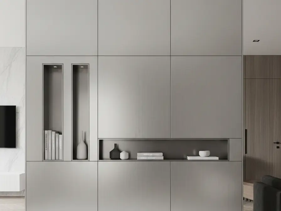 Fadior Miroir Wall Panel - 304 stainless steel wall panel system with textured surfaces, shadow reveals, integrated lighting, and concealed doors