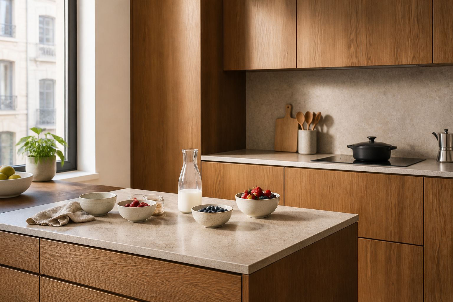 Breakfast setting at a compact island with warm cabinetry and pale worktop.