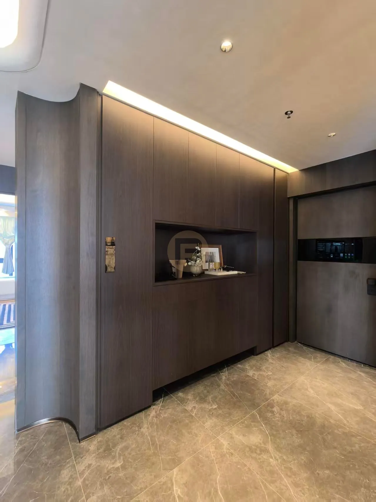 Curved full-height dark-wood stainless steel cabinetry wall with a lit display niche near the entry