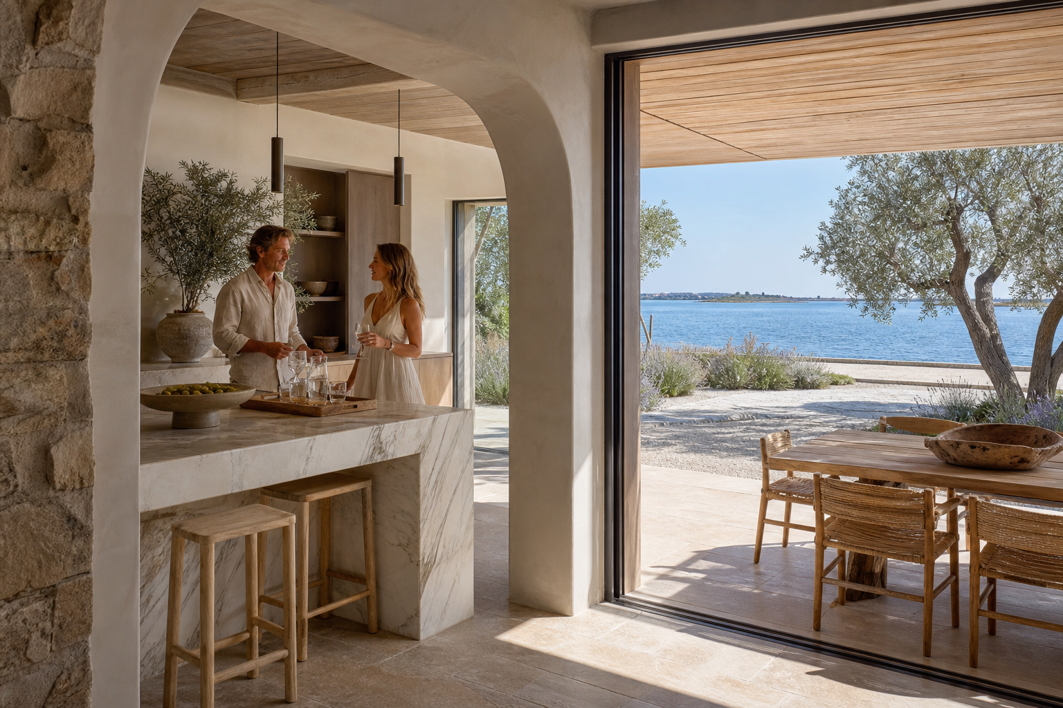 Fadior Venice 350 sqm Kitchen Villa — Venice villa hosting scene with marble island, glassware tray, olive bowl,
