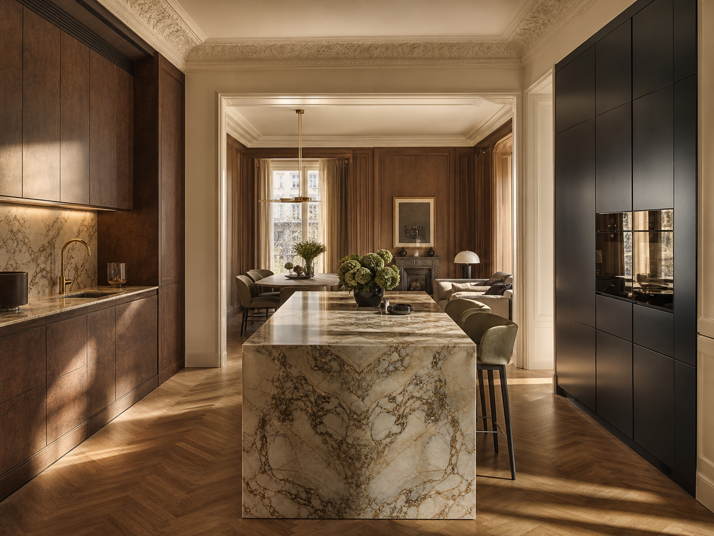 Conjunto de cocina Silkstone con galería de herrajes de lavaplatos Spa perspectiva interior
