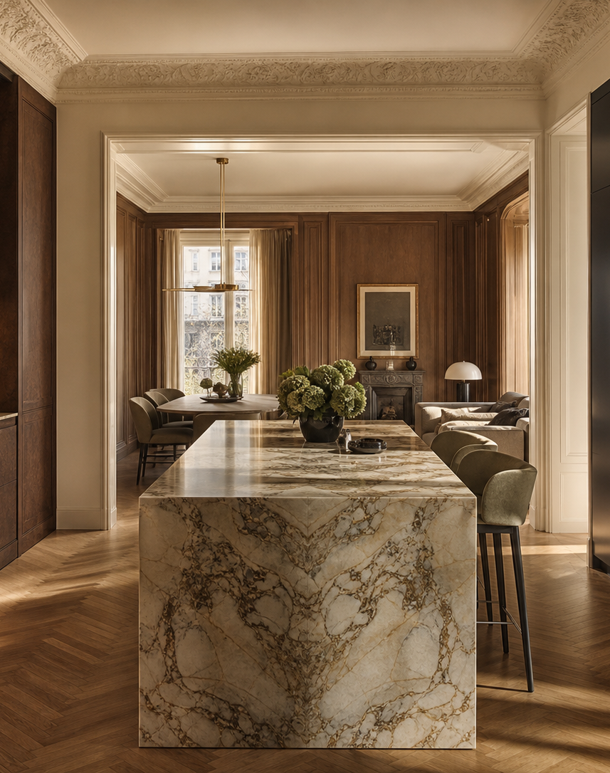 Conjunto de cocina Silkstone con galería de herrajes de lavaplatos Spa perspectiva interior