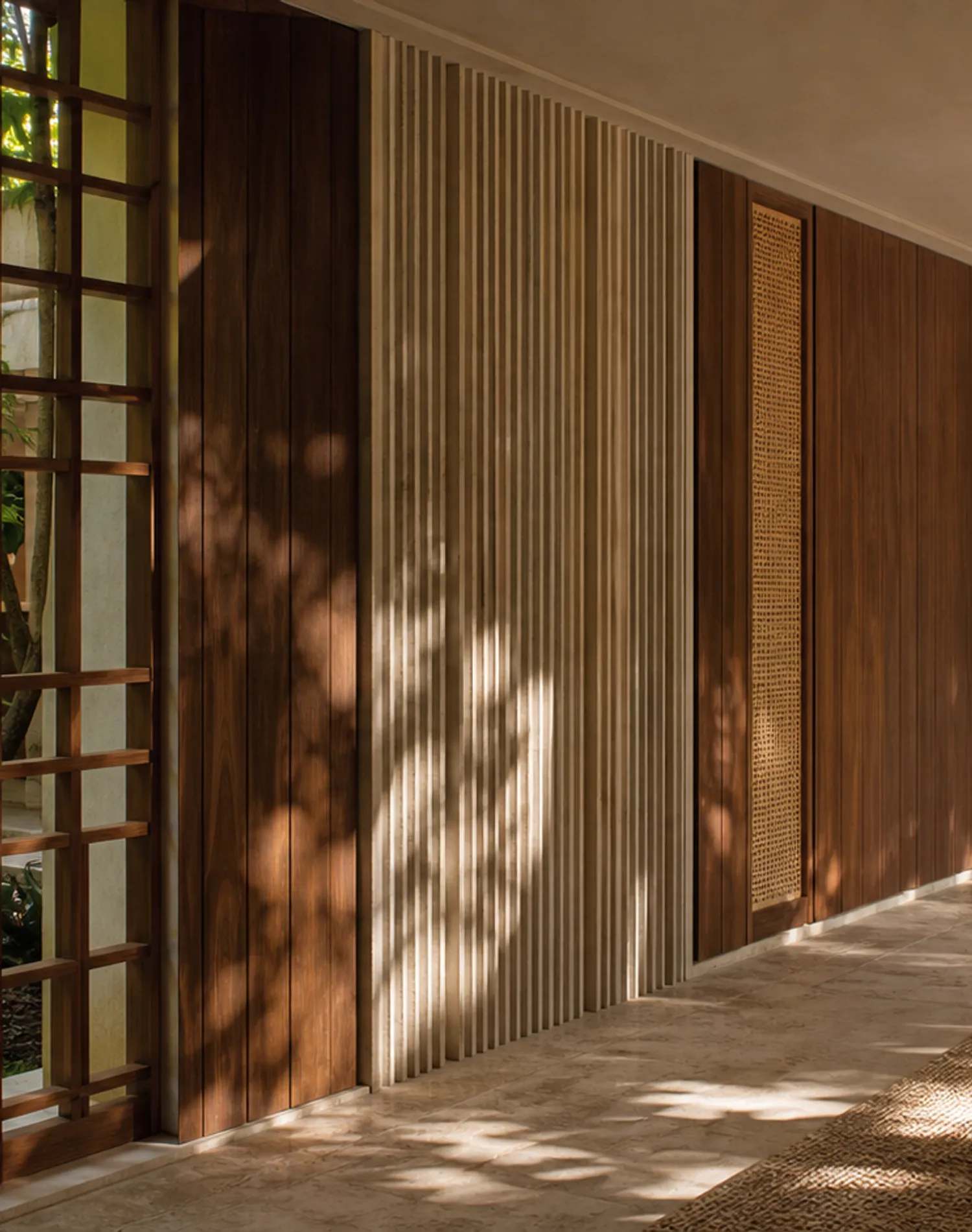 Fadior Terrazzo Wall Panel Suite with Fluted Mineral Portal — lifestyle setting with natural light and residential styling