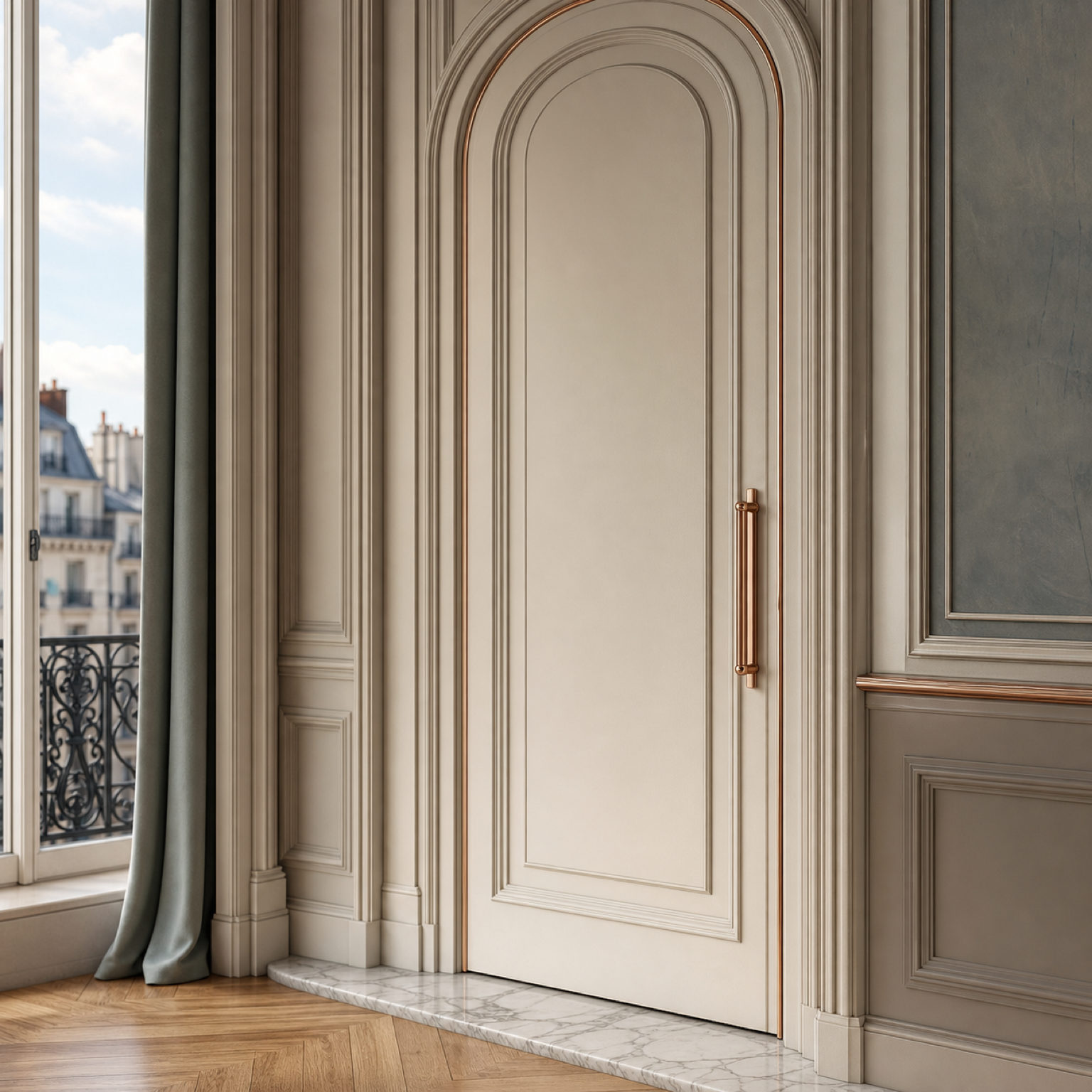Fadior Silhouette Interior Door Suite with Boiserie Arched Passage Door — close-up of stainless steel finish and hardware