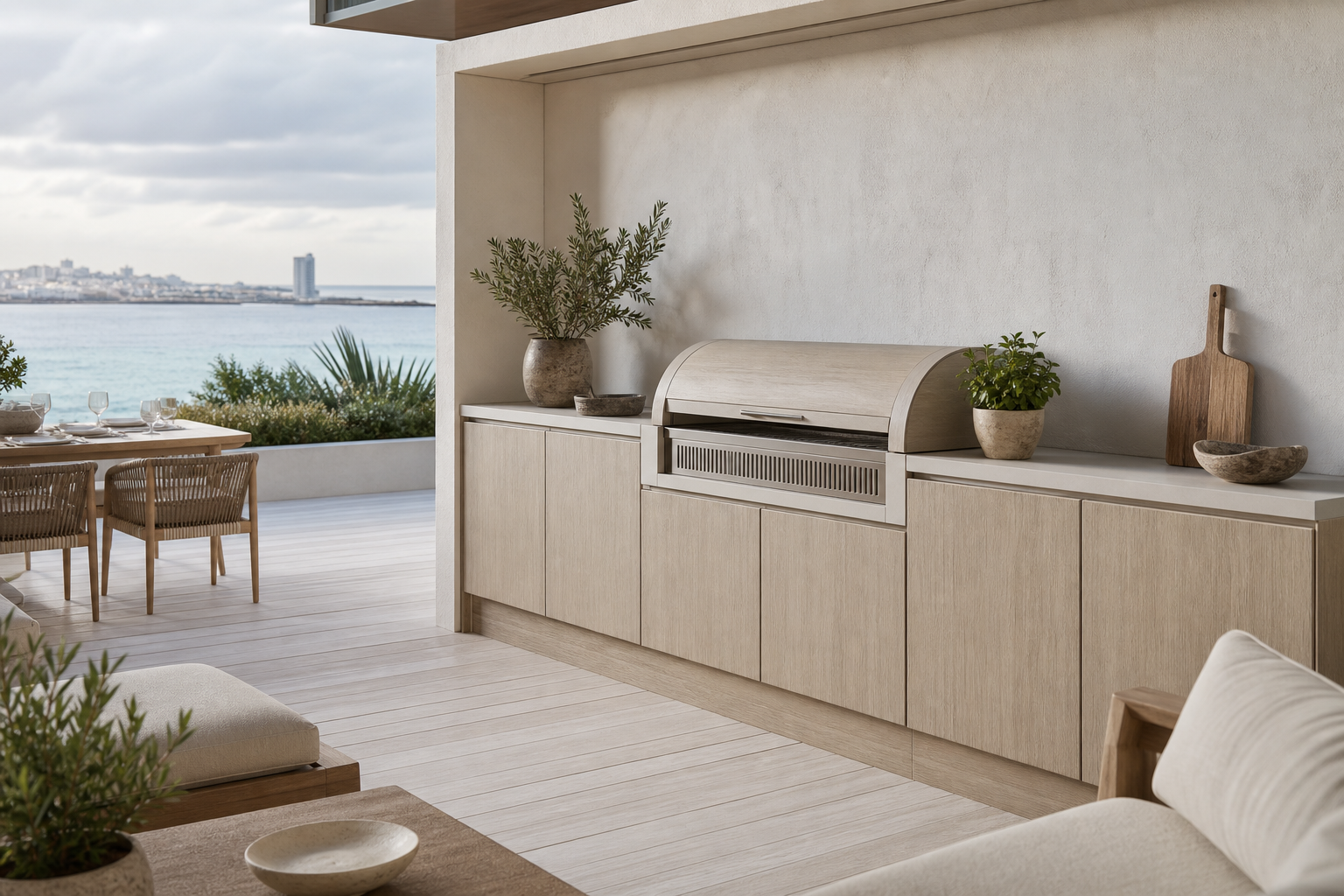 Fadior Horizon Outdoor Kitchen Suite with Sculptural Panel Grill Bay — lifestyle setting with natural light and residential