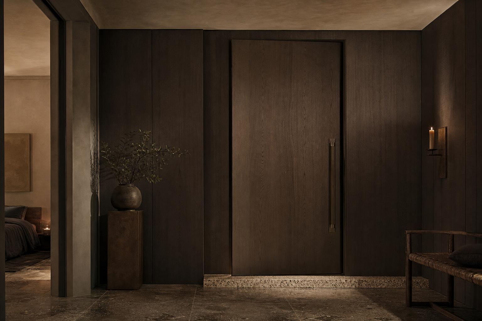 Fadior Silhouette Interior Door with Bronze Threshold Pivot Sequence — interior room context showing cabinet integration