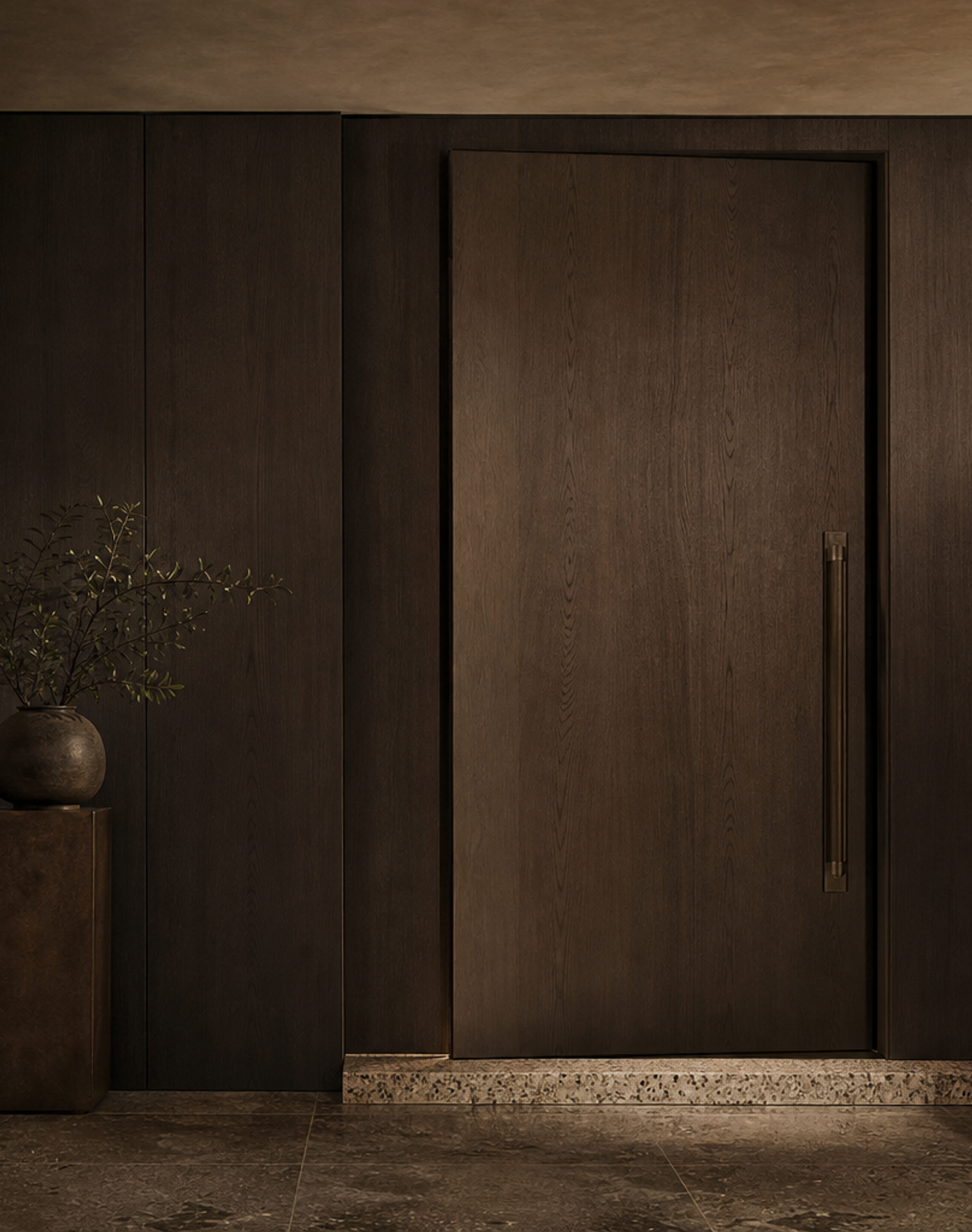 Fadior Silhouette Interior Door with Bronze Threshold Pivot Sequence — interior room context showing cabinet integration