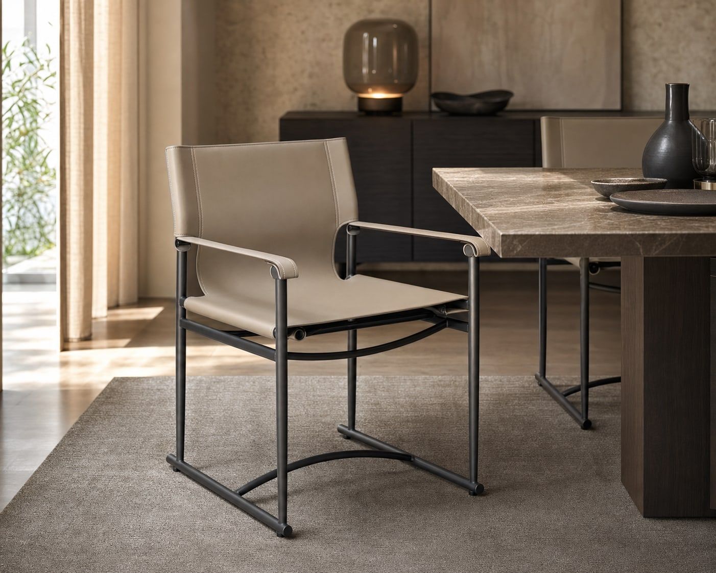 Leather-Accent Dining Chair (Microfiber saddle leather) styled in a FADIOR HOME interior setting