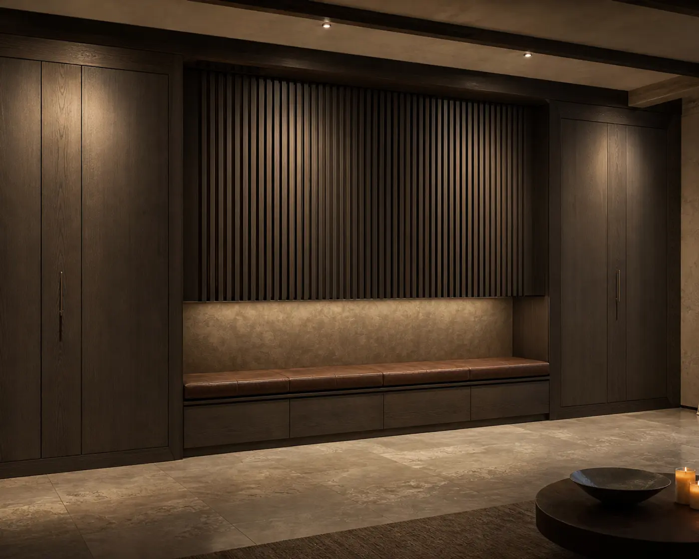 Fadior stainless steel living room media wall with display shelving and concealed storage