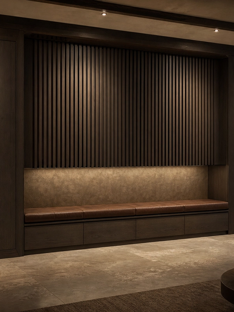 Fadior Zenith Living Room Suite with Layered Timber Media Veil — 304 stainless steel living room system, front view