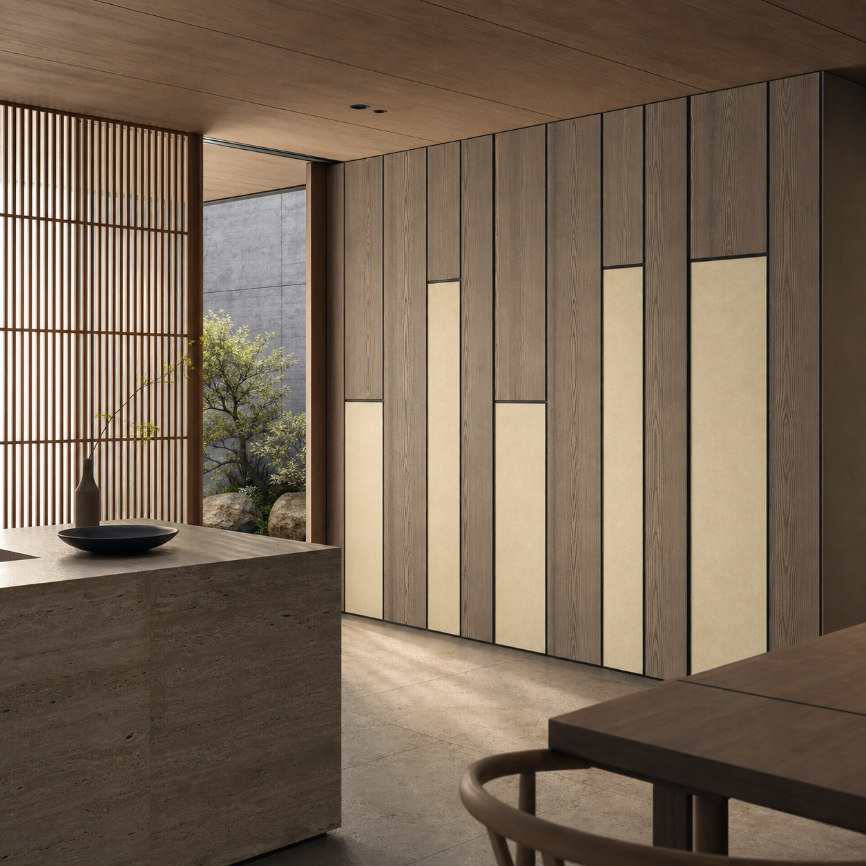 Fadior Terrazzo Wall Panel Suite with Frameless Gallery Datum Wall — interior room context showing cabinet integration