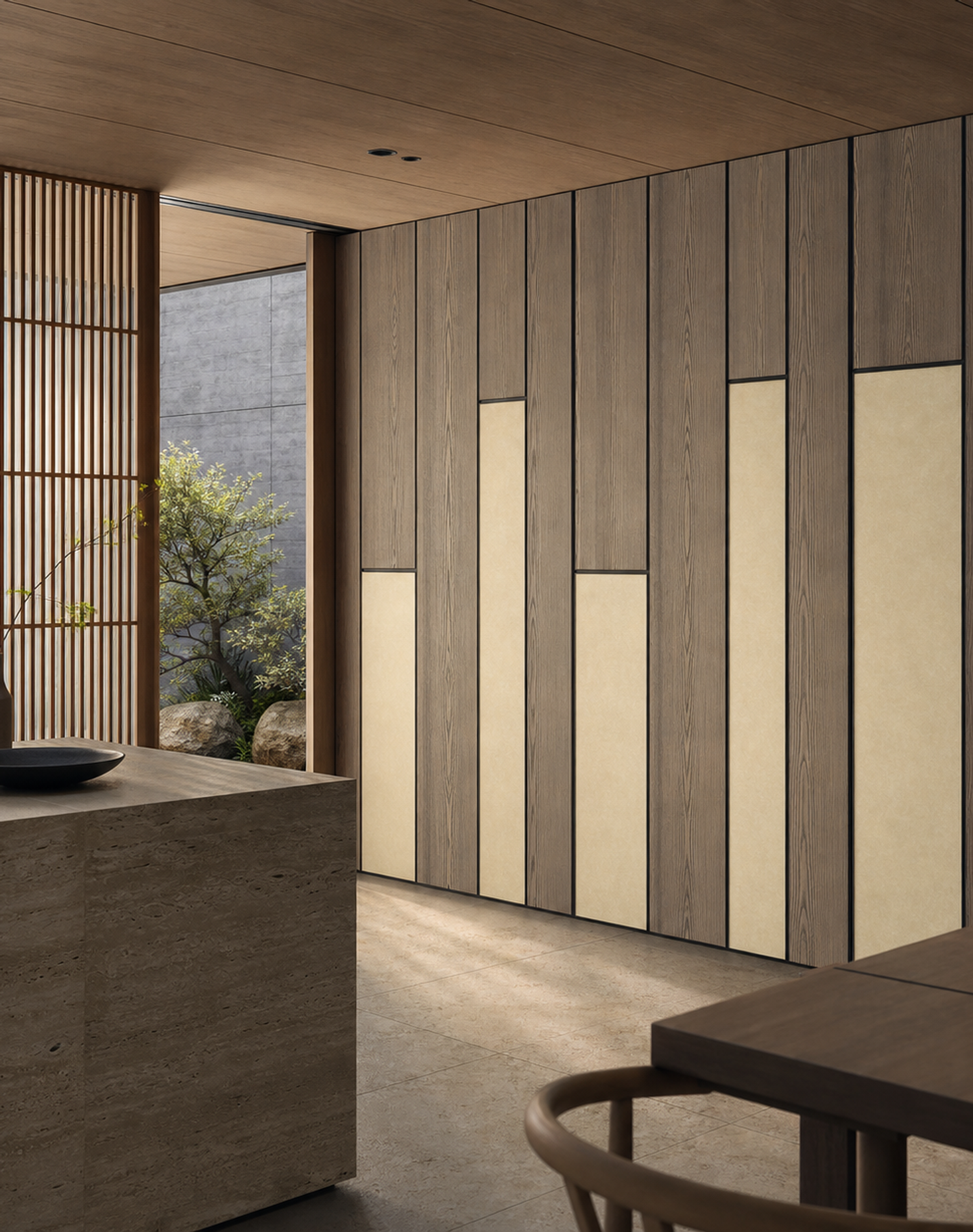 Fadior Terrazzo Wall Panel Suite with Frameless Gallery Datum Wall — interior room context showing cabinet integration