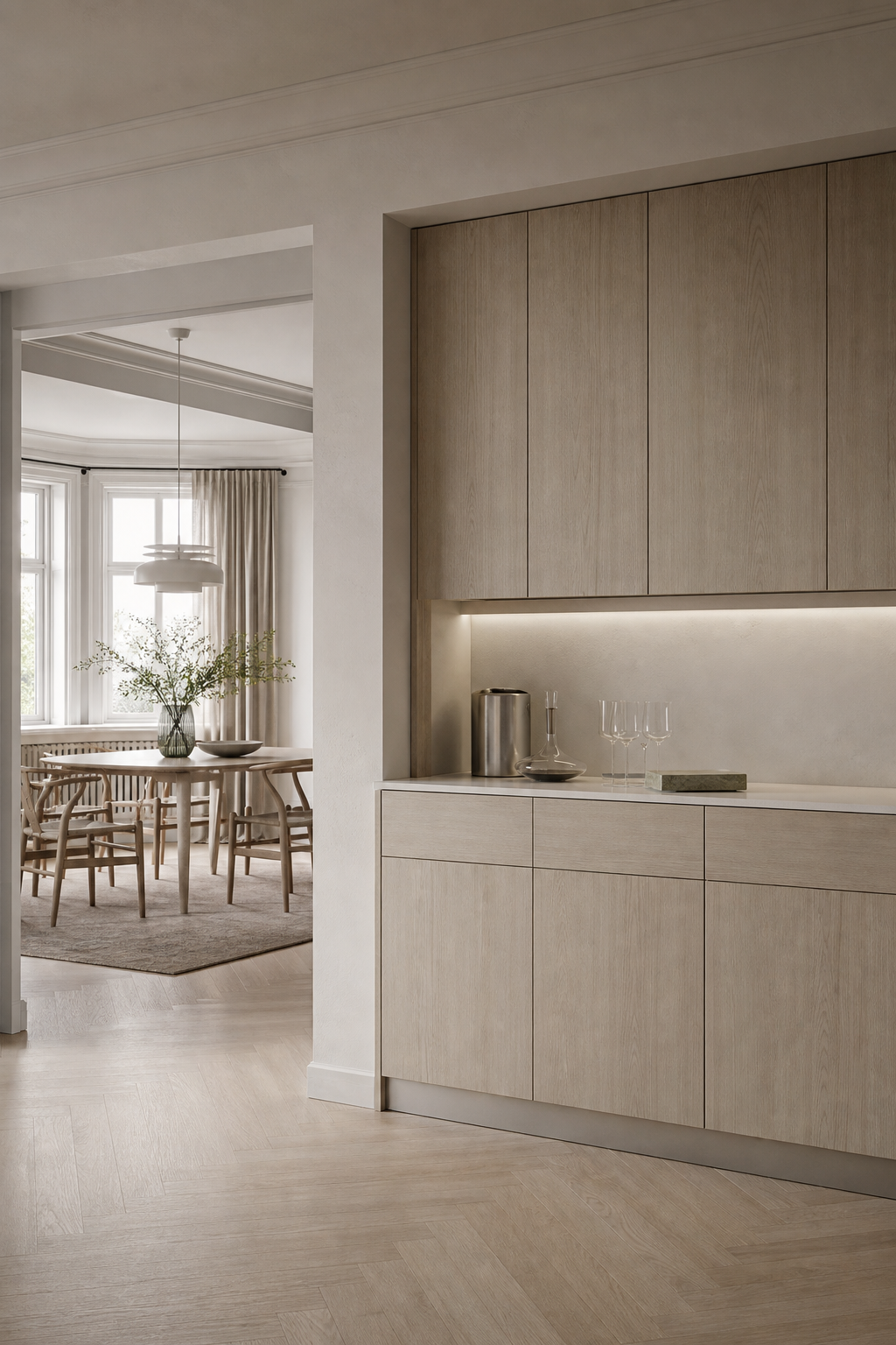 Fadior Estuary Wine Cabinet Suite with Sommelier Threshold Bar — lifestyle setting with natural light and residential styling