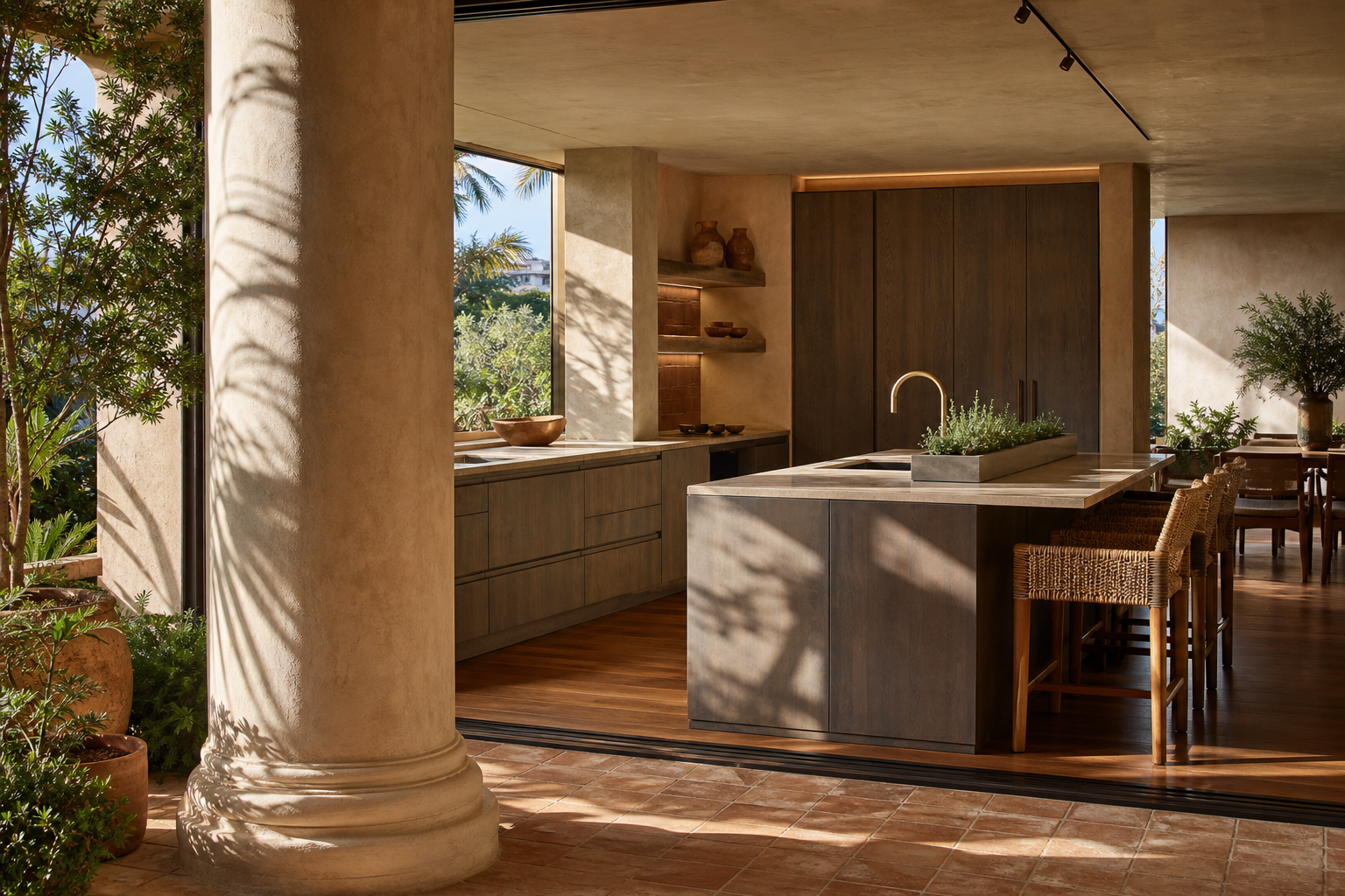 Fadior Sydney 120 sqm Kitchen Apartment — Sydney kitchen workspace with island, cabinet wall, sink, herb planter, terracotta tile, jute stools, and garden window
