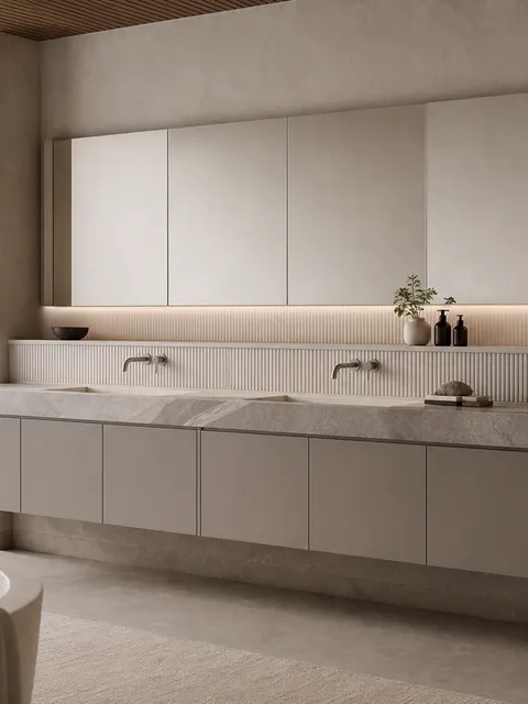Suite de Baño y Tocador Alcove con Dato de Toalla de Piedra Caliza Estriada