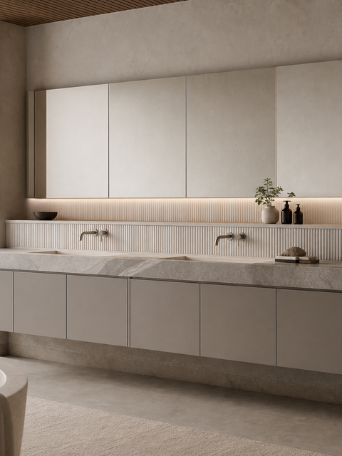 Fadior Alcove Bath and Vanity Suite with Reeded Limestone Towel Datum — 304 stainless steel bath and vanity system,