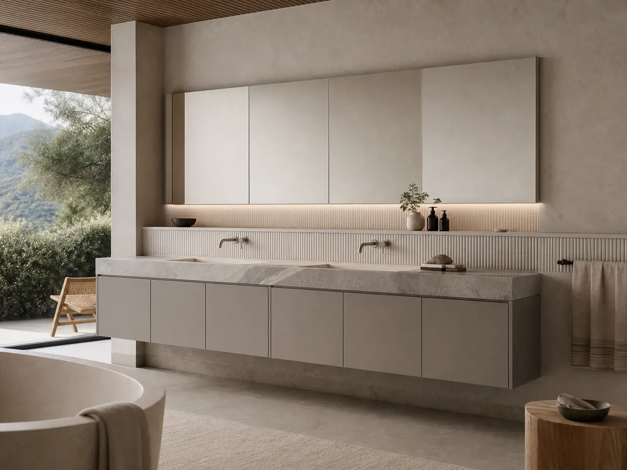 Fadior Alcove Bath and Vanity Suite with Reeded Limestone Towel Datum - waterproof 304 stainless steel bath vanity with mirror storage, moisture-resistant finishes, and grooming storage