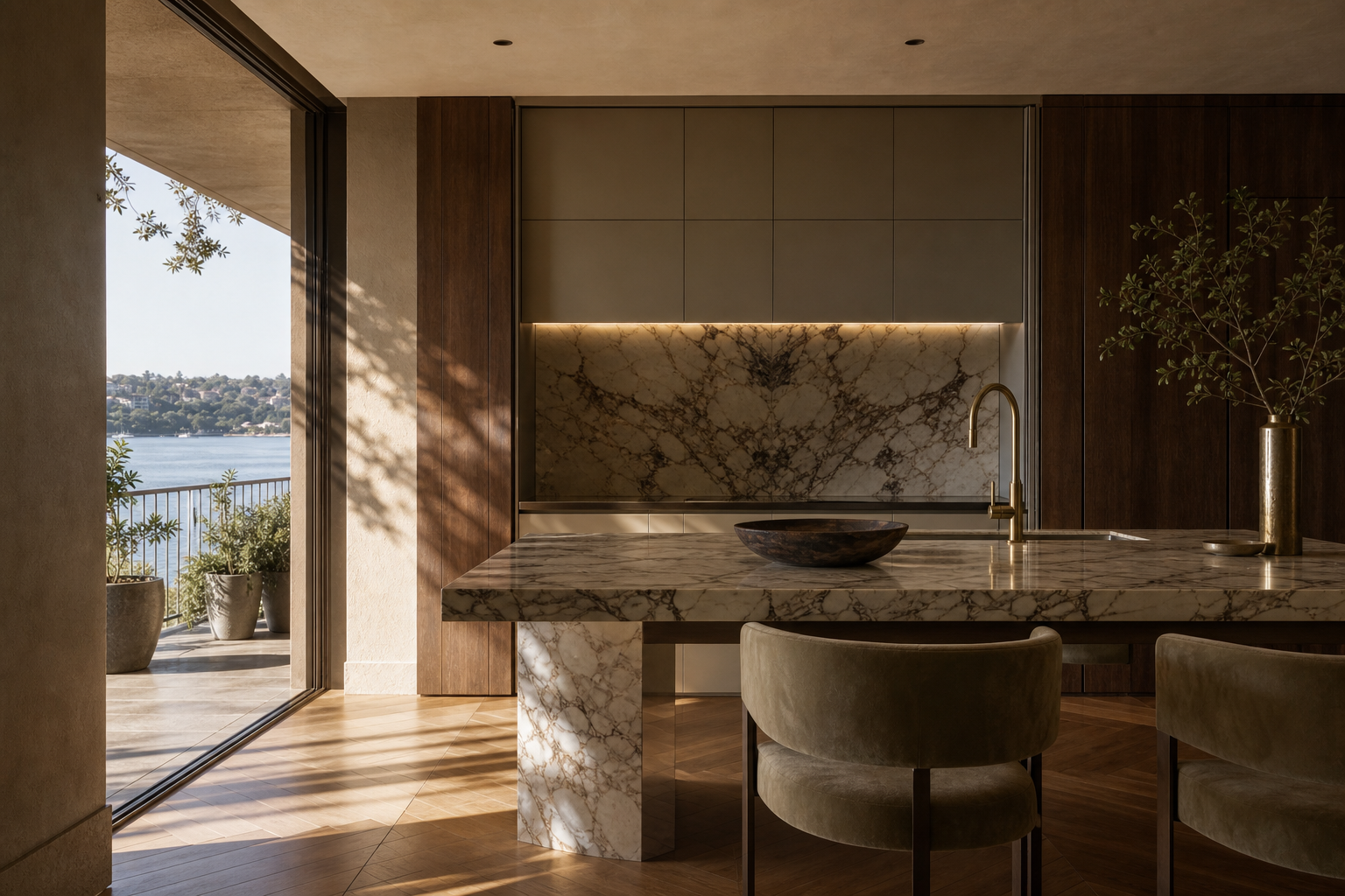 Fadior Sydney Compact Residence — Sydney finish study with marble counter, walnut panel, brass reflection, oak parquet floor,