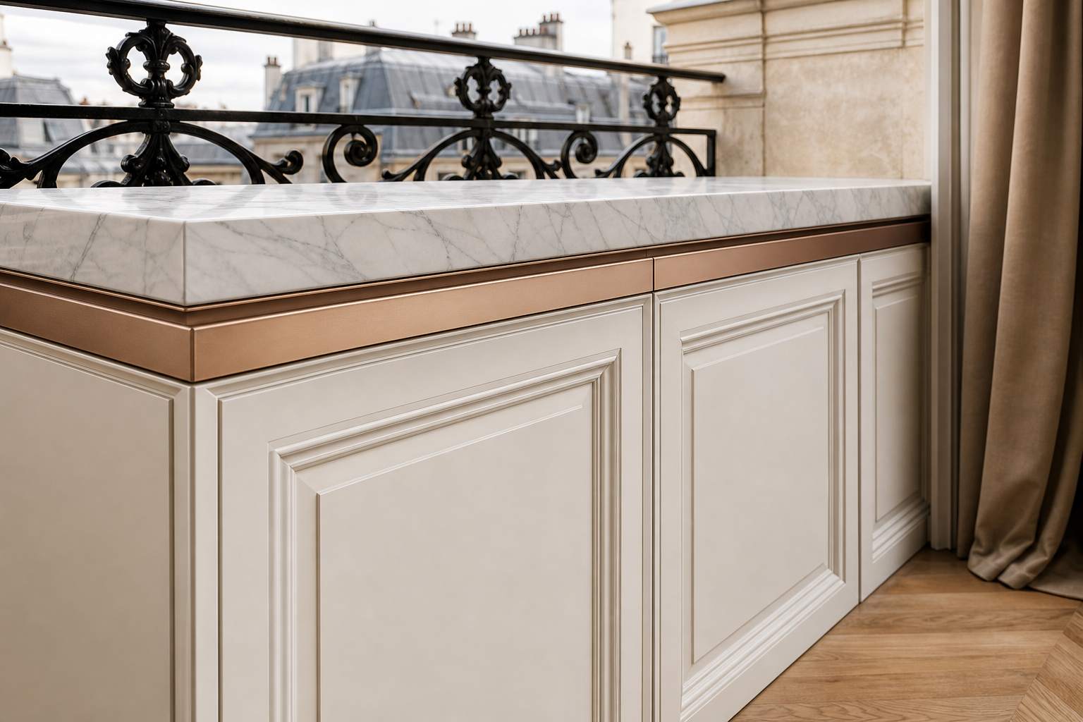 Fadior Dusk Balcony Suite with Lantern Rail Service Bar — close-up of stainless steel finish and hardware detail