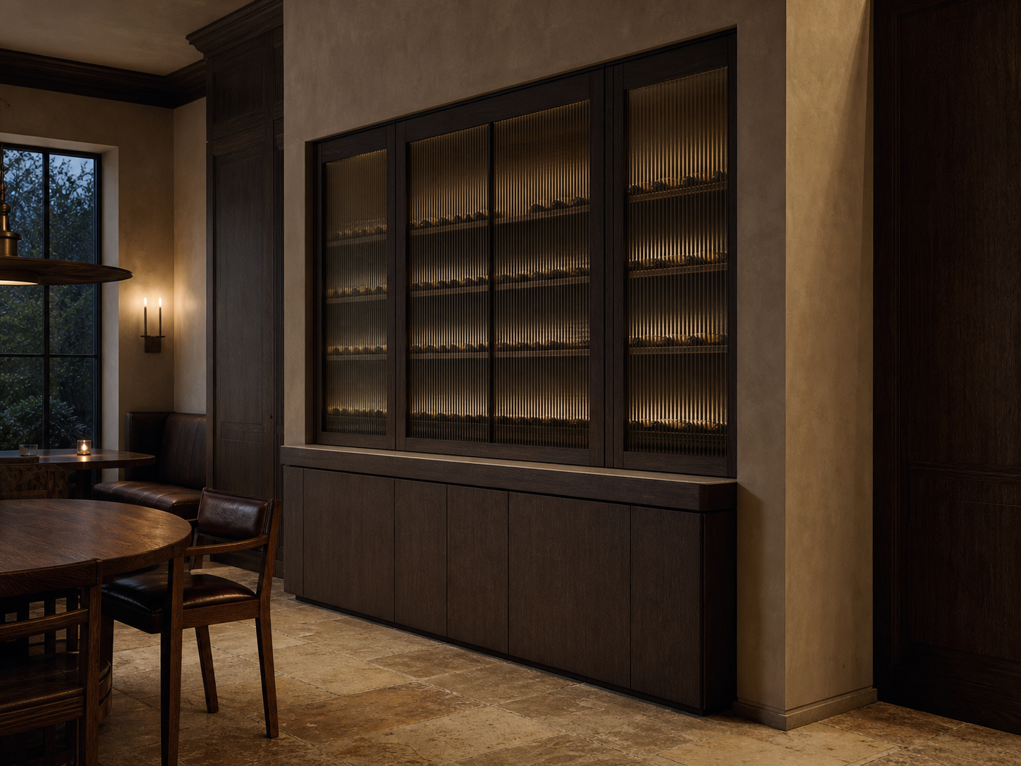 Fadior Estuary Wine Cabinet Suite with Ribbed Glass Service Bay — interior room context showing cabinet integration