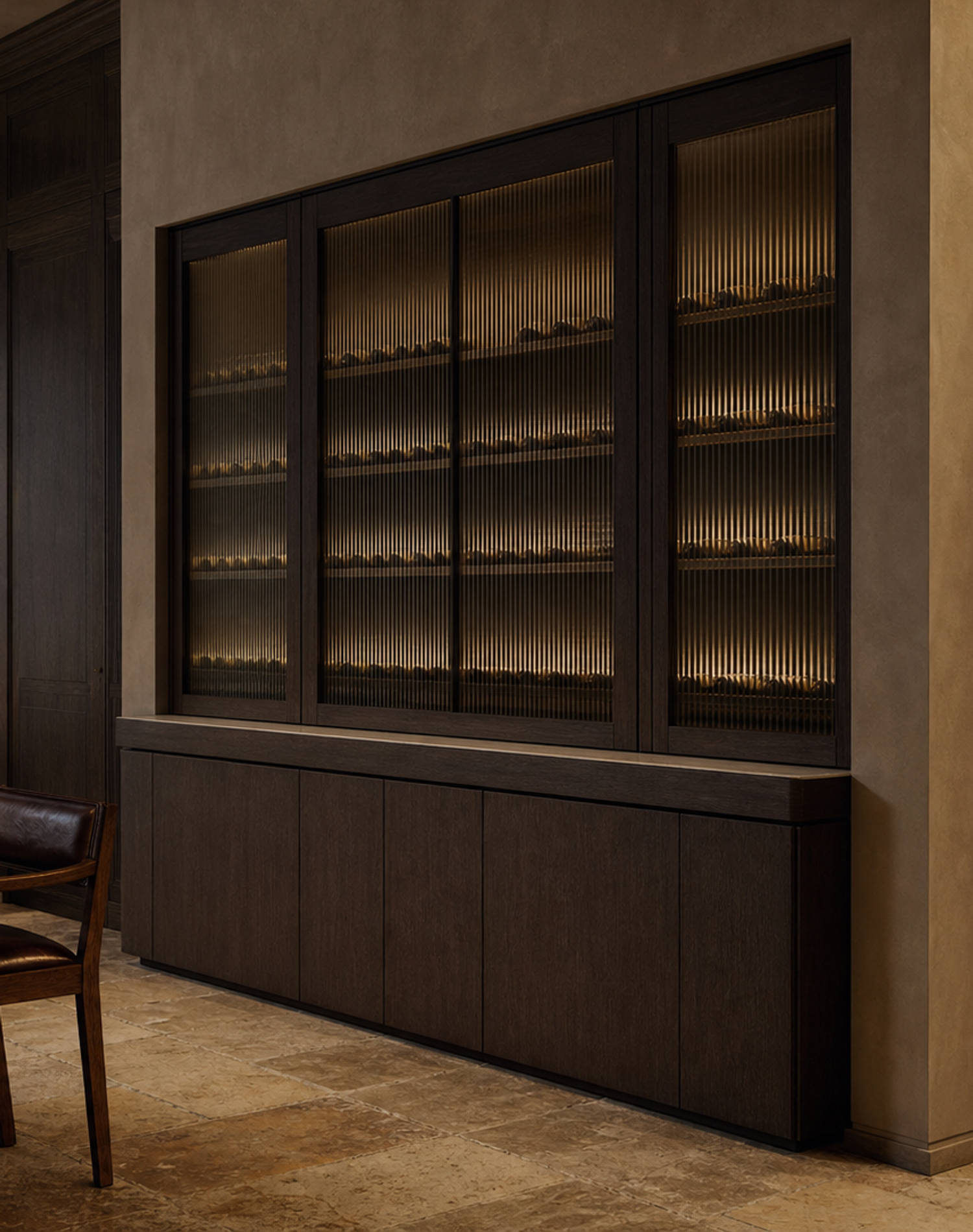 Fadior Estuary Wine Cabinet Suite with Ribbed Glass Service Bay — interior room context showing cabinet integration