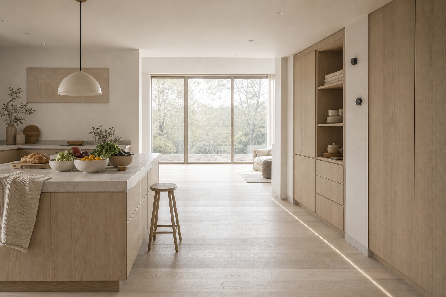 Decision comparison: prep island and pantry wall showing routine automation choices in a calm kitchen.