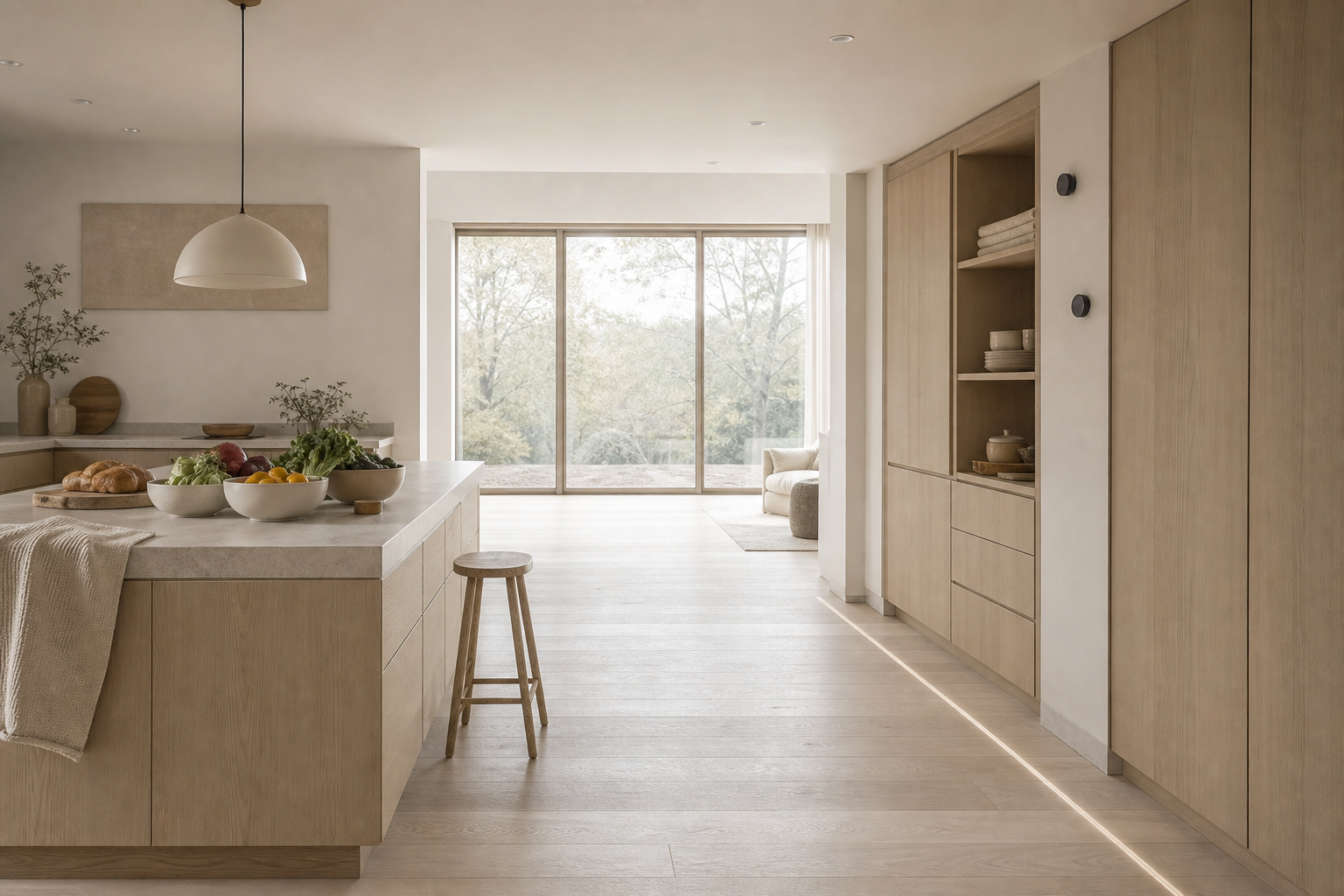 Decision comparison: prep island and pantry wall showing routine automation choices in a calm kitchen.
