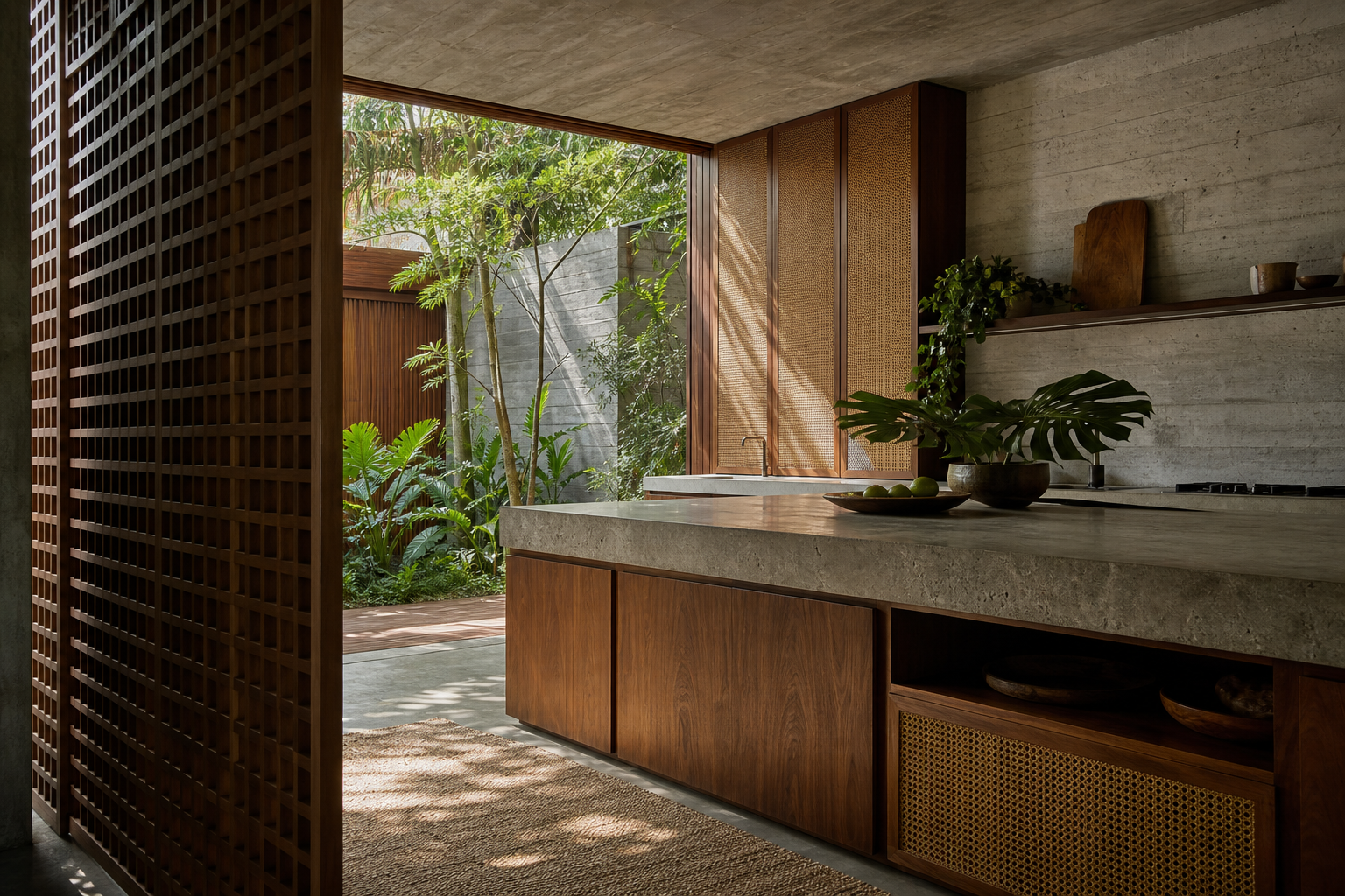 Fadior Hong Kong Garden Courtyard Villa — Hong Kong finish study with timber cabinet face, stone counter edge, concrete wall,